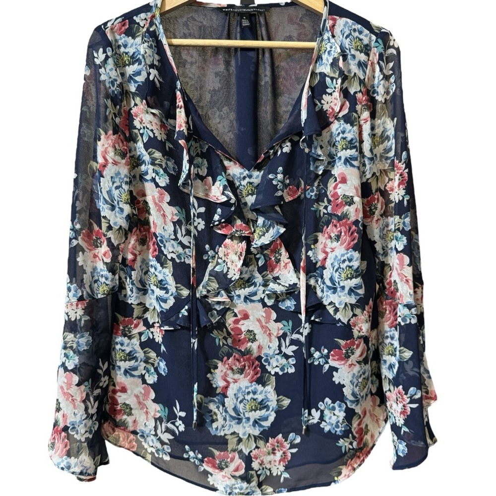 WHBM Floral Blouse Women's Size 8 Bell Sleeve Ruffle Tie Neck Navy
